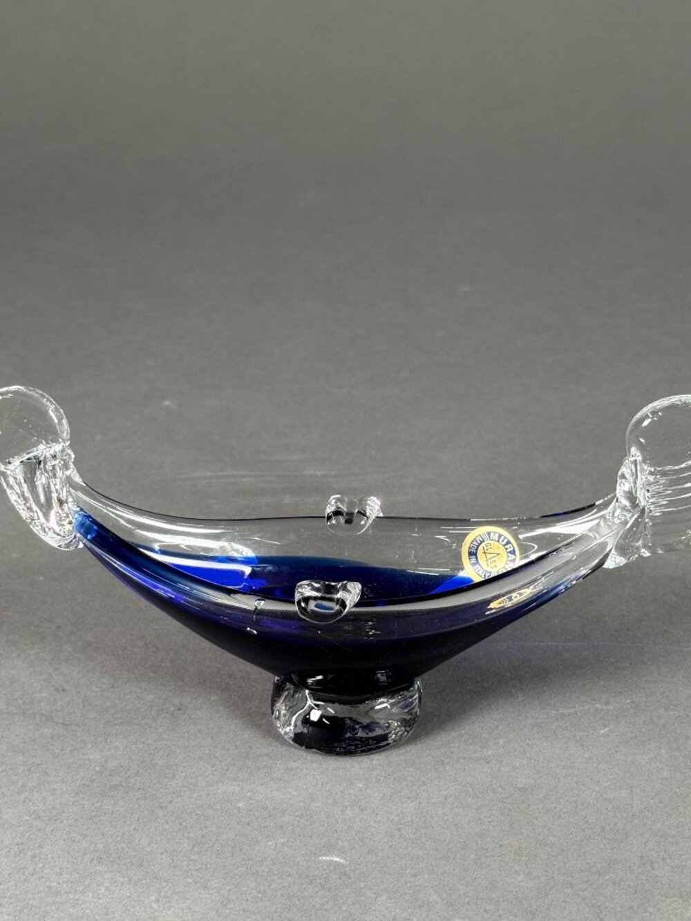 Vintage Murano Cobalt Blue Clear Art Glass Gondola Bowl Ashtray Italy w/ Sticker